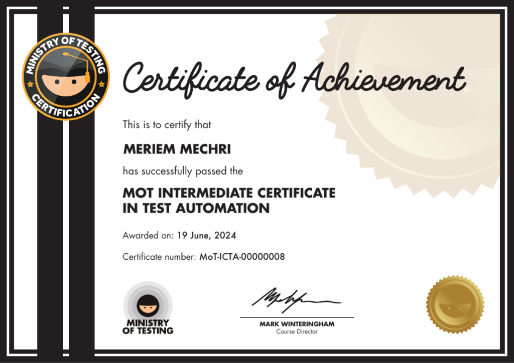 MoT Intermediate Certificate in Test Automation certificate awarded to Meriem Mechri image