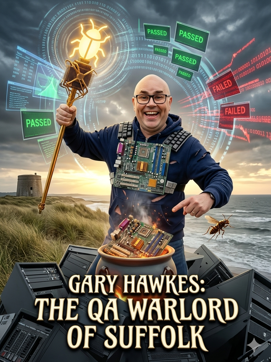 AI generated image of Gary Hawkes in the theme of a QA Warlord, holding a staff with a lit bug on the top, wearing a ... image