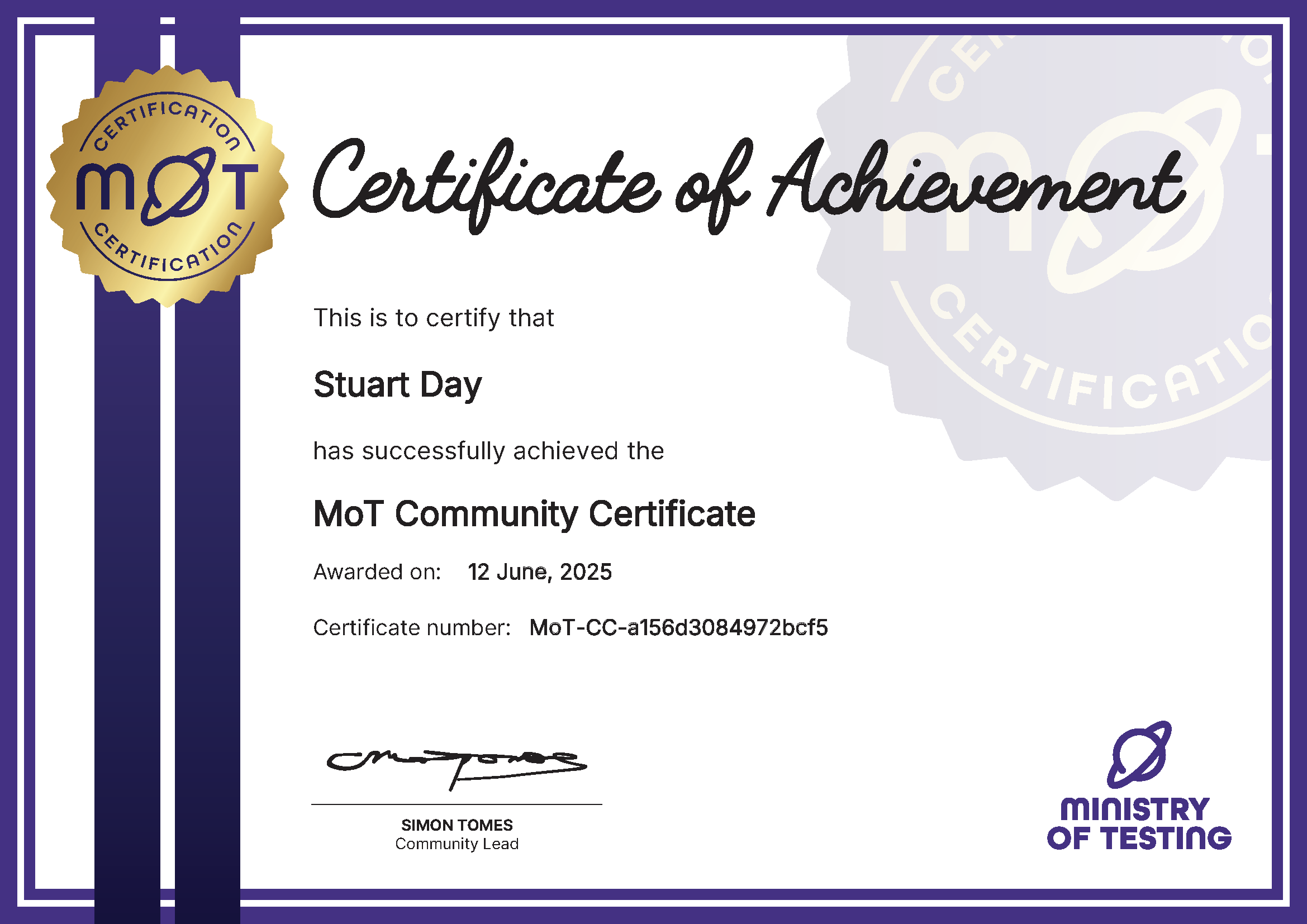 MoT Community Certificate certificate awarded to Stu Day