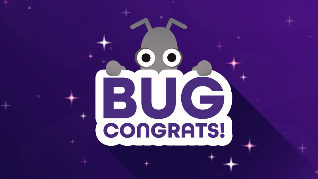 The image shows a stylized grey bug with large black and white eyes holding up a white sign with the word "BUG" in large, bold, purple letters on the top line, and "CONGRATS!" in smaller, bold, purple letters on the bottom line. The background is a gradient of purple and dark purple, with numerous small white and pink sparkles or stars scattered across it. The overall style is flat design with long shadows.