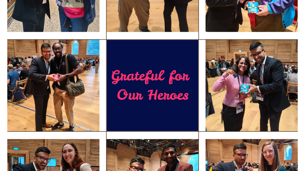 A photo collage of nine images from the MoTaCON showing Aaron smiling and handing small colorful gift boxes to different design heroes. The center tile reads “Grateful for Our Heroes” in pink text on a navy background, celebrating community members who supported the Epic Test Quest journey.