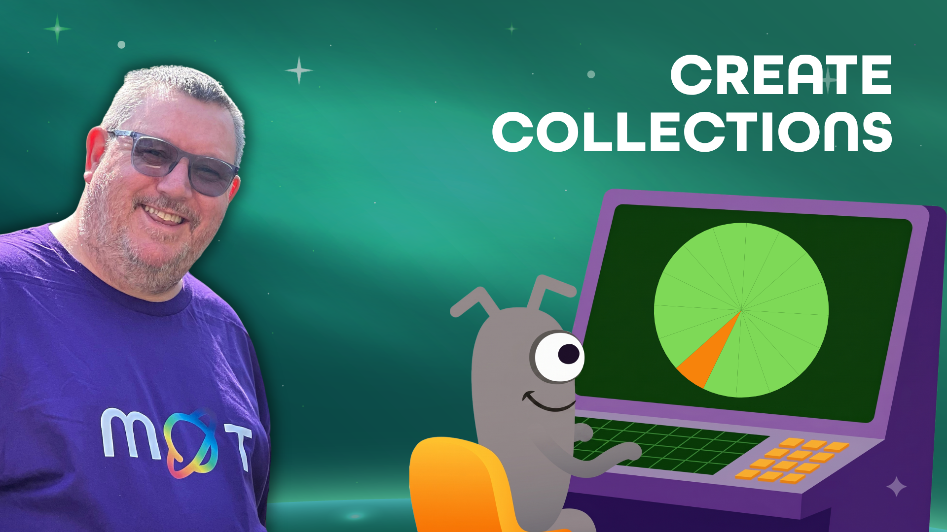 A smiling man wearing glasses and a purple t-shirt featuring a MoTaCon logo stands on the left of the text "CREATE CO... image