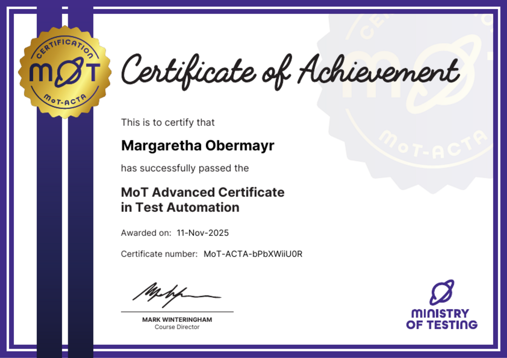 MoT Advanced Certificate in Test Automation certificate awarded to Margaretha Obermayr image