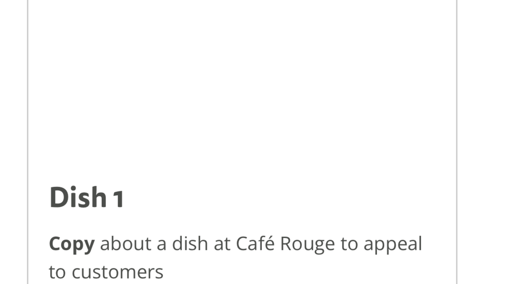 An image of a section of a menu listing "Popular dishes"
The image is empty, and the description is: Dish 1, copy ab... image