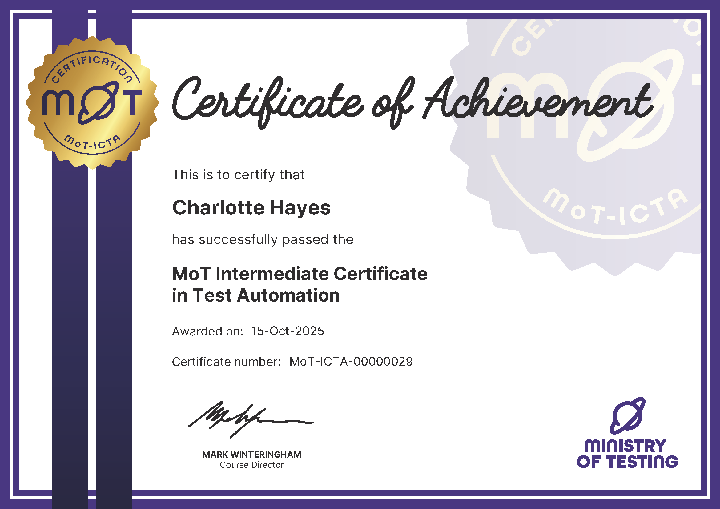 MoT Intermediate Certificate in Test Automation certificate awarded to Charlotte Hayes