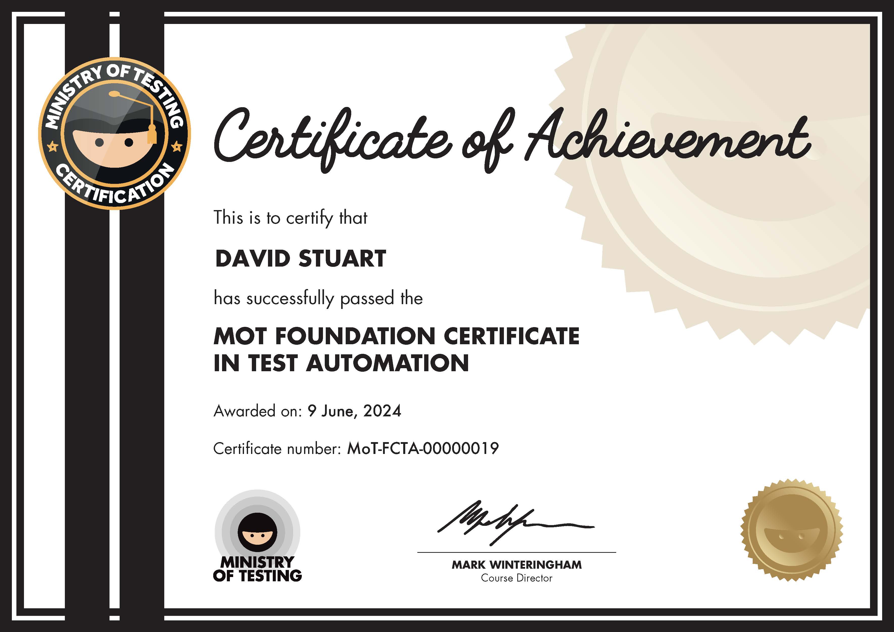 MoT Foundation Certificate in Test Automation certificate awarded to David Stuart image
