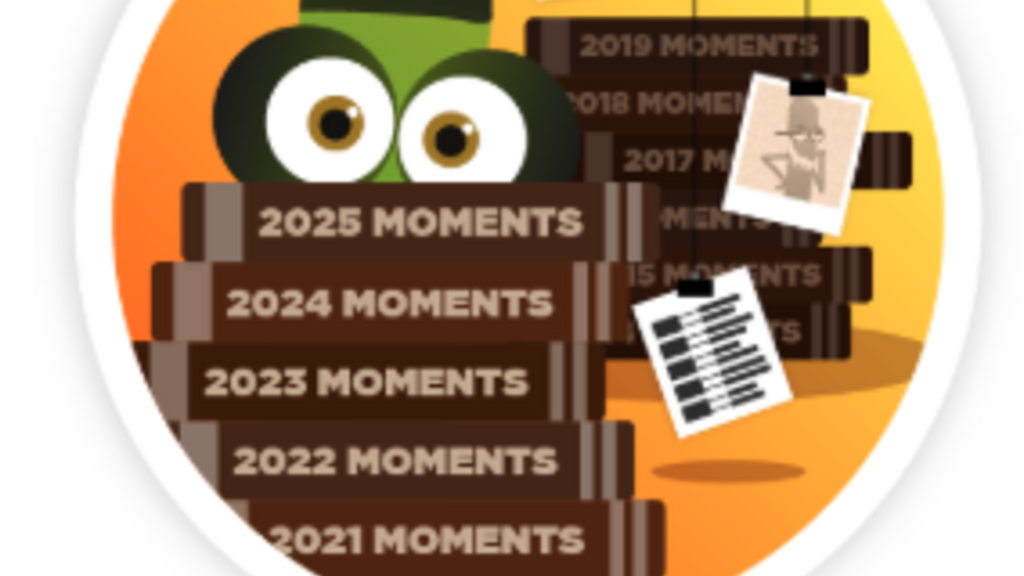 Green monster holds a stack of books, saying moments from different years from 2014 to 2025.  image