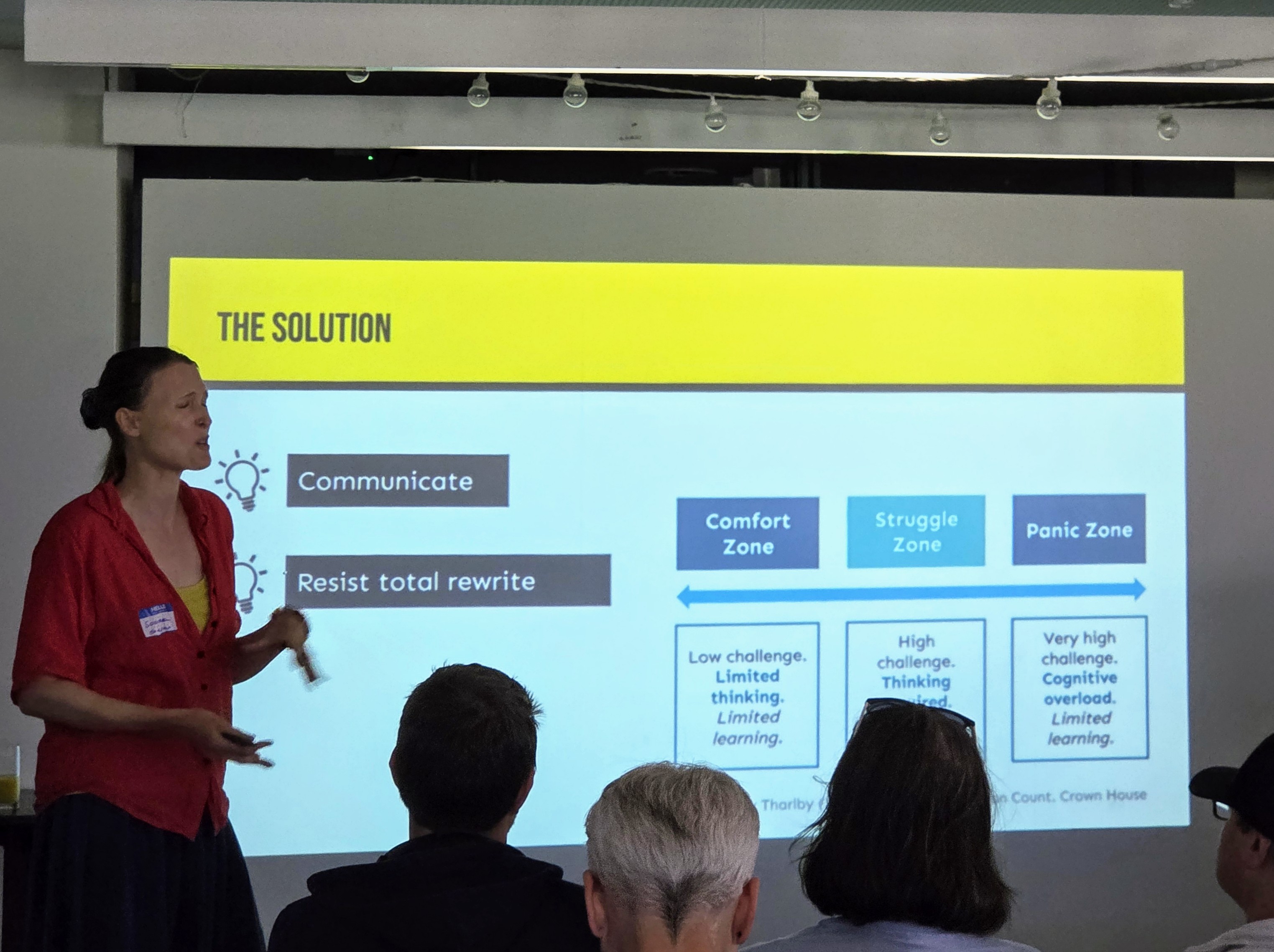 Sorrel Harriet presenting at Leeds Testing Atelier with a slide titled “The Solution,” showing a diagram about comfort, struggle, and panic zones from the Learning Zone Model.