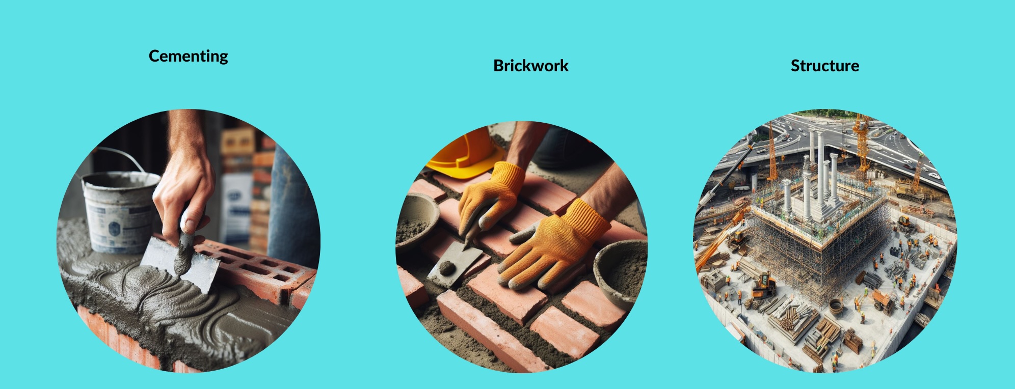 Images of different crafting phases in construction. Cementing, brickwork and structure.