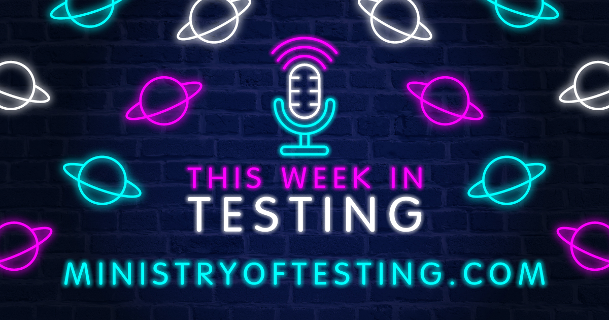 A blue brick wall with neon-style graphics. In the center is a microphone icon, glowing in blue and magenta. Above, below, and to the sides of the microphone are several stylized planet icons with rings, some glowing in white, some in magenta, and some in light blue. Below the microphone, in white neon letters, are the words "THIS WEEK IN" stacked above "TESTING".