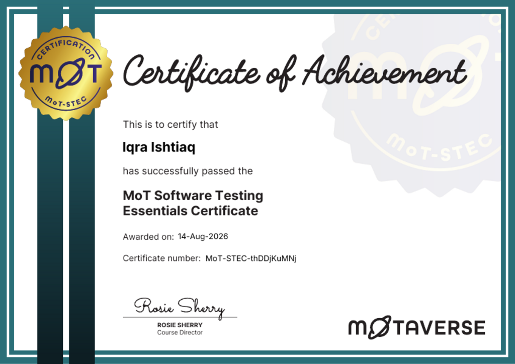 MoT Software Testing Essentials Certificate certificate awarded to Iqra Ishtiaq image