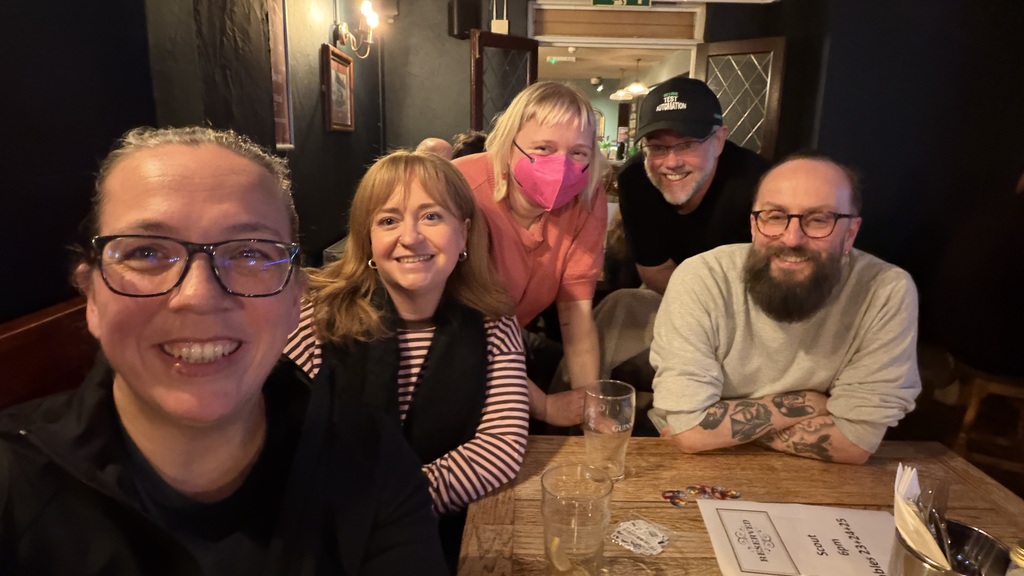 A selfie style photo with Rosie, Sarah, Scout, Chris and Graham. image