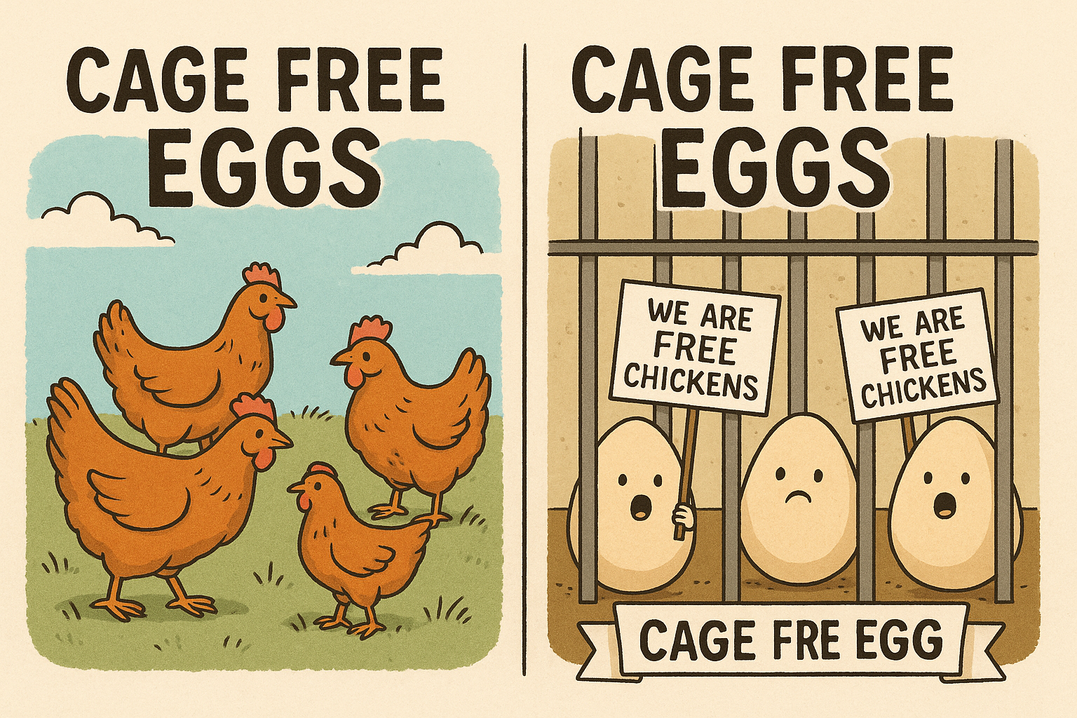 There are two images. On the left under a heading that says, cage free eggs, chickens rome in a field. On the right under a heading that also says, cage free eggs. Three eggs are behind bars holding sings saying we are free chickens. 