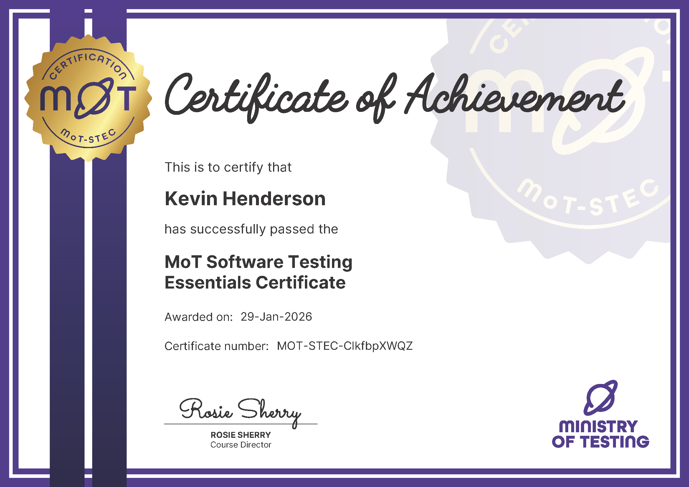 MoT Software Testing Essentials Certificate certificate awarded to Kevin Henderson image