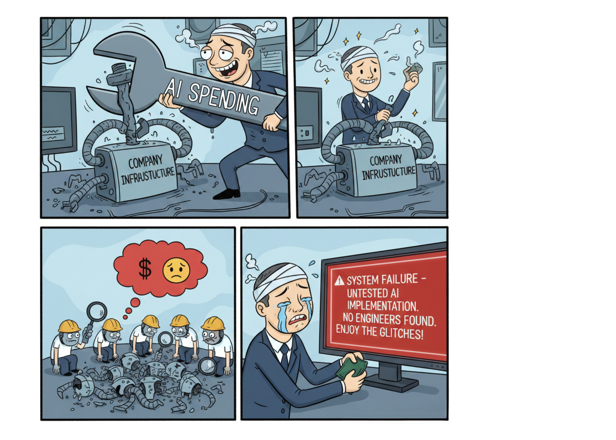 Over last couple of years several big orgs have been spending a lot on recruiting AI talent, building AI tools &amp; infrastructure, etc by cutting cost on several important aspect and Quality has been of those. This meme explains, how large spendings on AI &amp; reduction of AI talent is backfiring &amp; soon leaders would start reinvesting in Quality.

This meme is based on my article published in Software Testing Magazine.