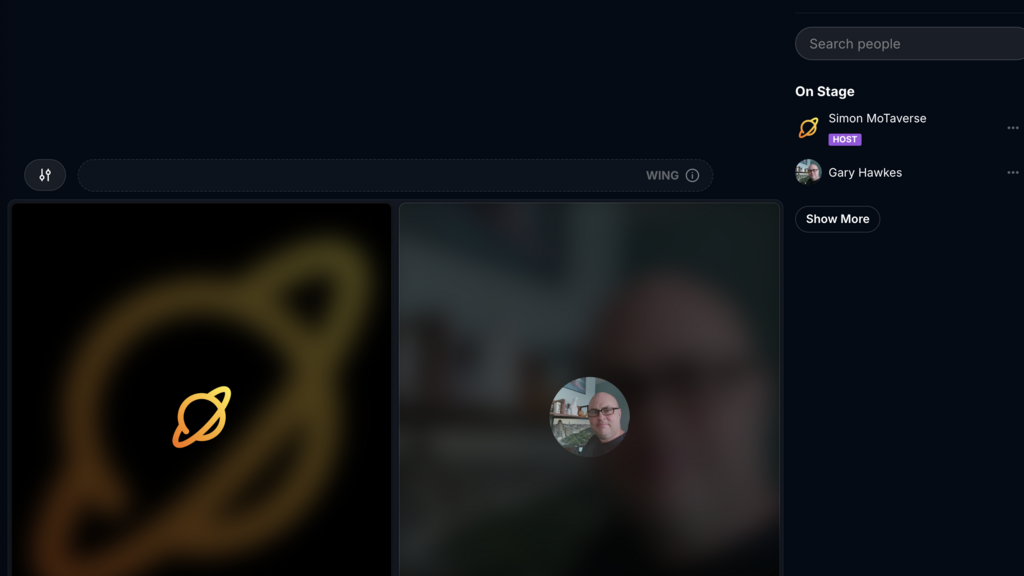 
A screenshot of a video conferencing or streaming interface. The interface is dark-themed with various controls and participant displays.

At the top left, there are two tabs, one labeled "Gary Hawkes mic test" and the other "Ministry of Testing". To the right of these tabs, there's a small "Unlisted" badge.

The right sidebar is titled "People" and has a section for "Host controls". Below that, there's a search bar labeled "Search people".

The "On Stage" section lists two participants:

"Simon MoTaverse" with a "HOST" badge below their name.

"Gary Hawkes".
Both have a three-dot menu icon next to their names. There's also a "Show More" button.

The main part of the screen displays two large video feeds or participant windows.

The left window shows a blurry orange graphic resembling a planet with rings. Below it, the name "Simon MoTaverse" is displayed, with a small green dot.

The right window shows a blurry image of a person's face (Gary Hawkes), wearing glasses. Below it, the name "Gary Hawkes" is displayed, also with a small green dot.

In the middle of the screen, there's a section with icons, including one that looks like two people and another with the text "WING".