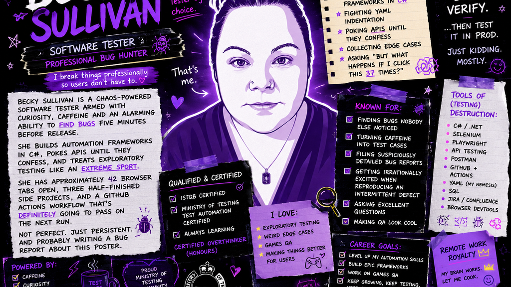 Illustrated personal branding poster for “Becky Sullivan, Software Tester / Professional Bug Hunter,” designed in bol... image