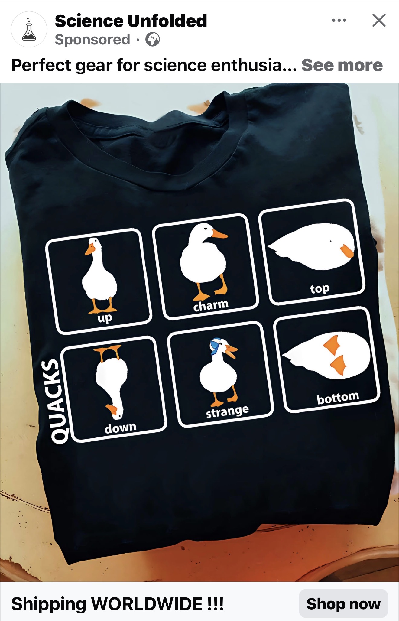 Science unfolded offer of a T-shit. Six quarks are represented as ducks. Up is a duck standing. Charm is a duck looki... image