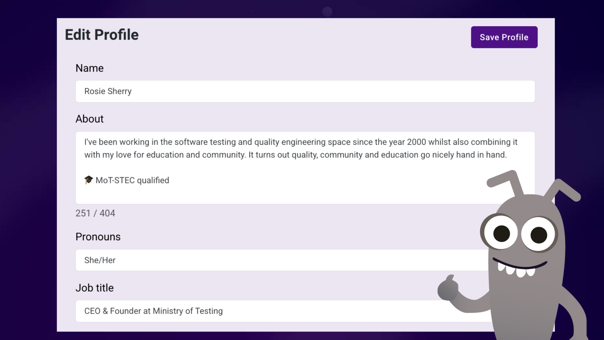 A screenshot of Rosie's MoT Profile. You can see the character limit is 404 as a field.