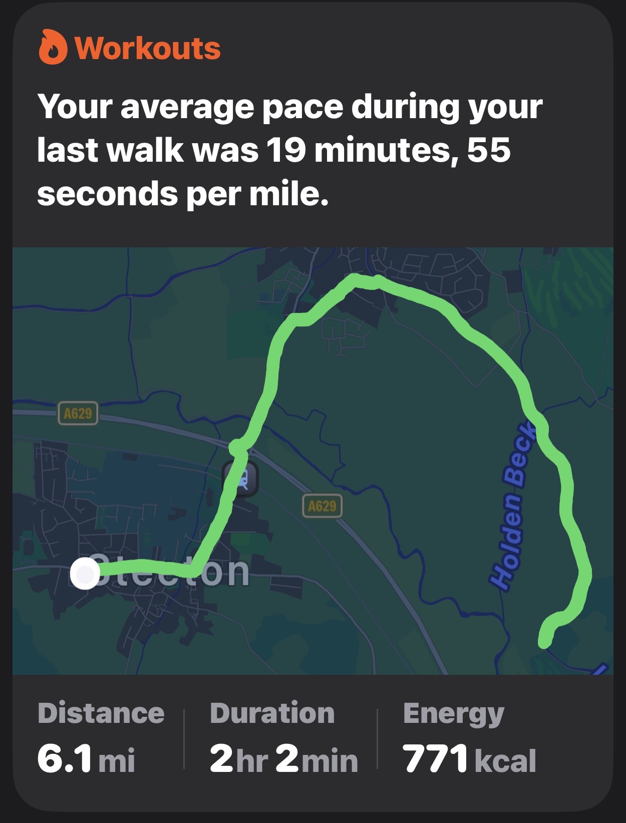 Workout map of a walk. Average pace was 19 minutes and 55 seconds. Distance 6.1. Duration 2 hours and 2 minutes. Energy 771 kcal. 