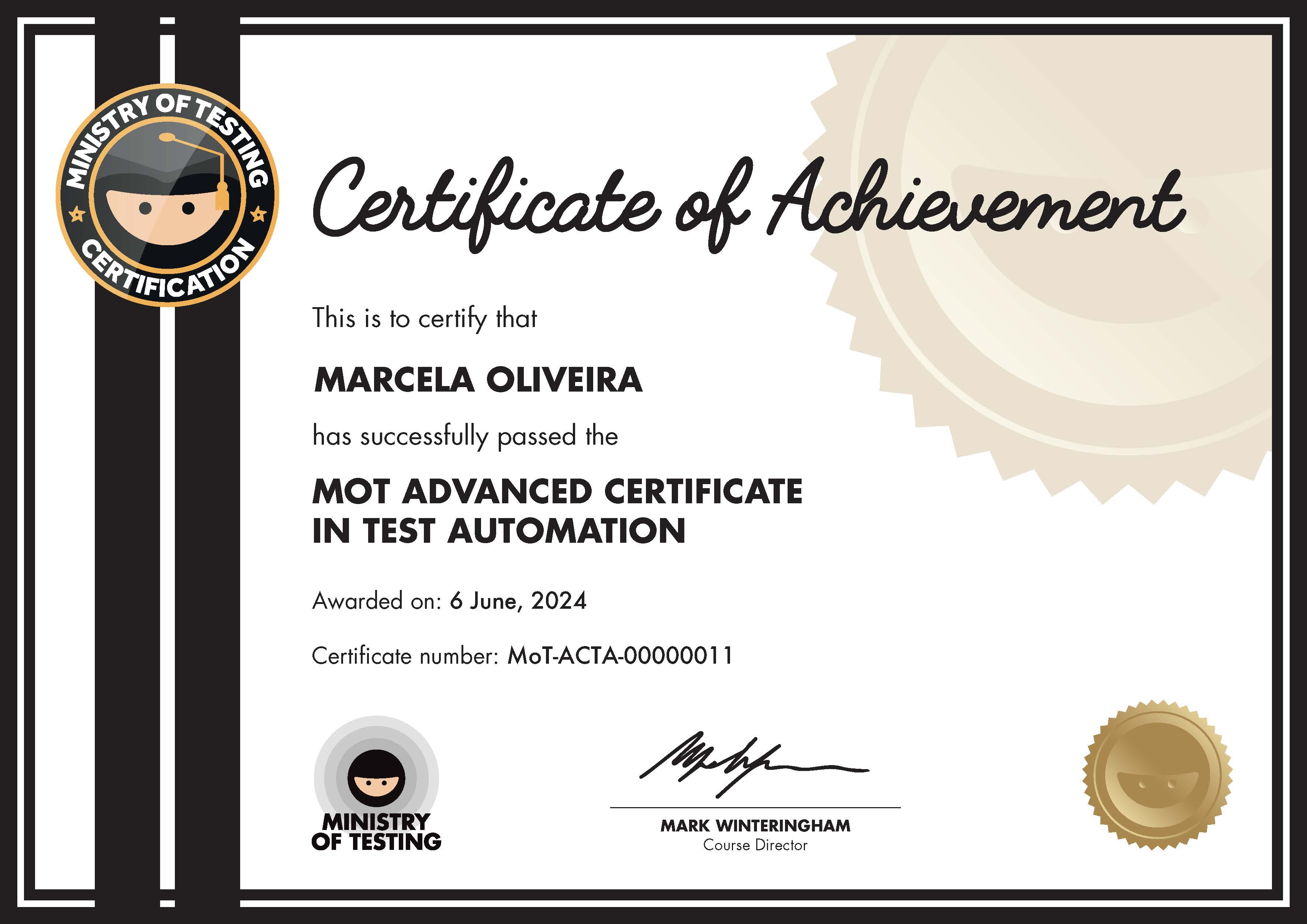MoT Advanced Certificate in Test Automation certificate awarded to Marcela Oliveira image