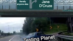 Folk in the road MEME, straight ahead reads "Quote literally anyone else", the turn off reads "Quote Jane D'Cruze" then at the bottom it reads "Testing planet new presenters" image