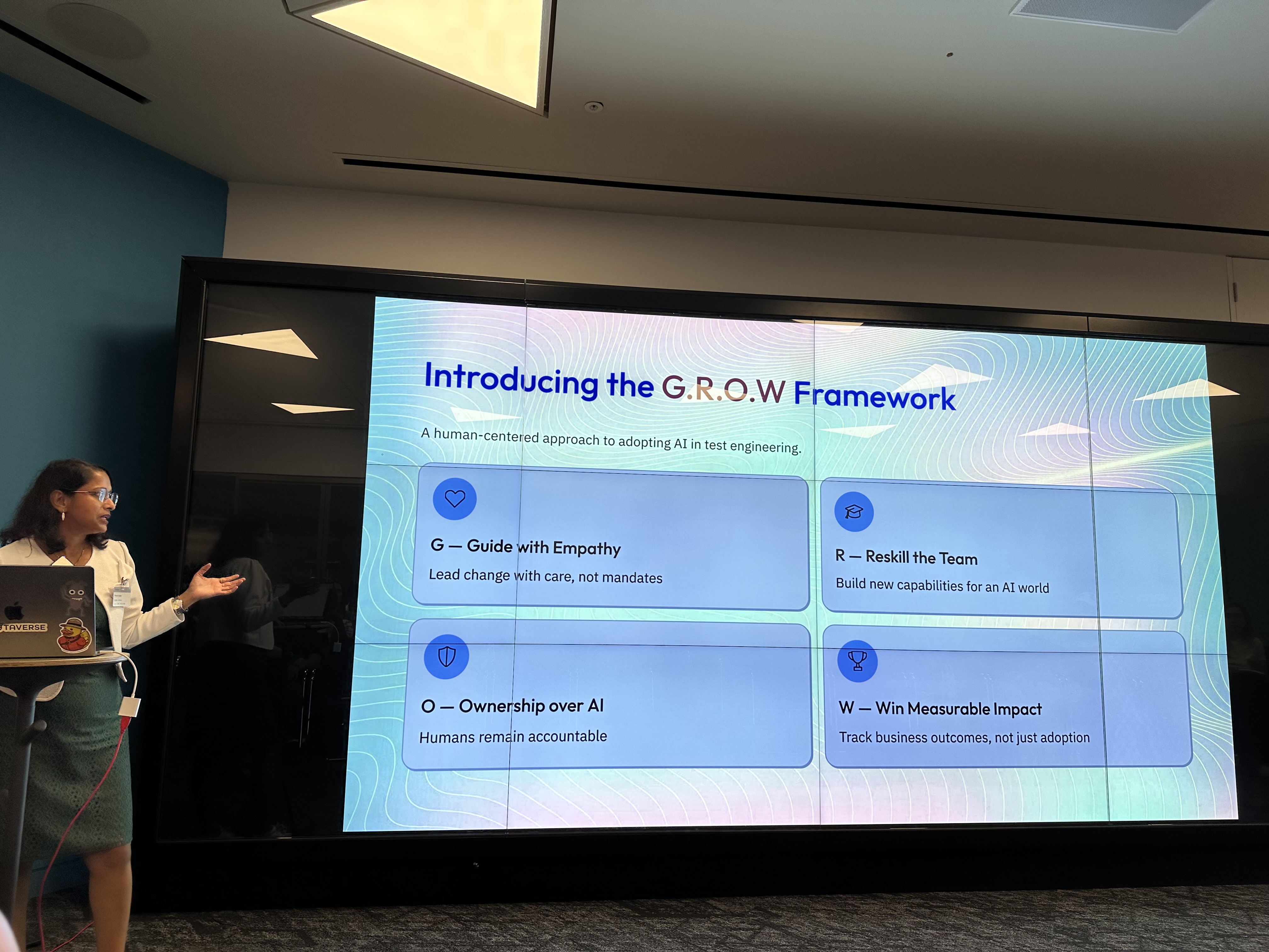 Preeti Gupta presenting a slide about the GROW framework to introducing AI, where G stands for Guide with empathy, R ... image