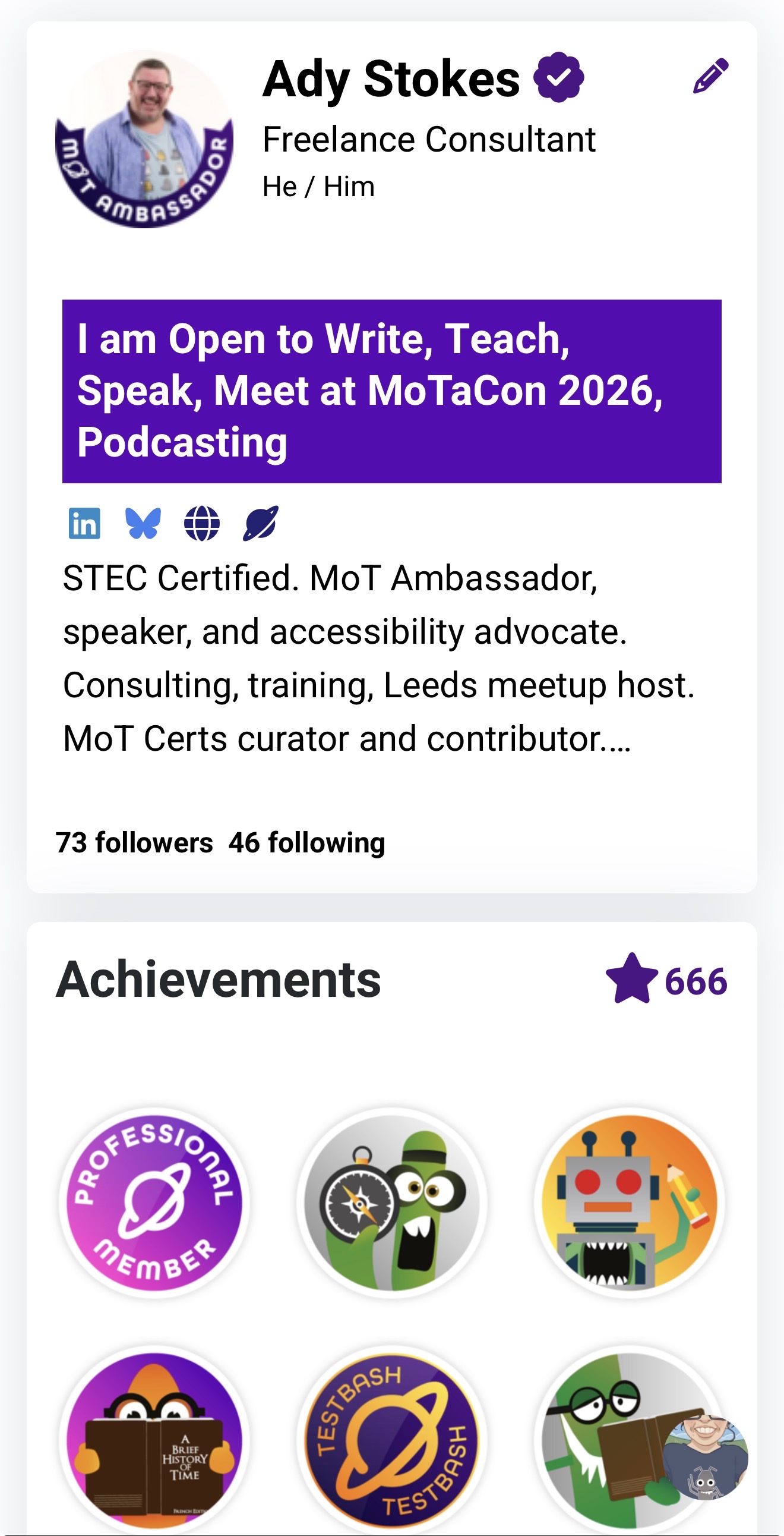 A Ministry of Testing profile for Ady Stokes showing the star count at 666. 