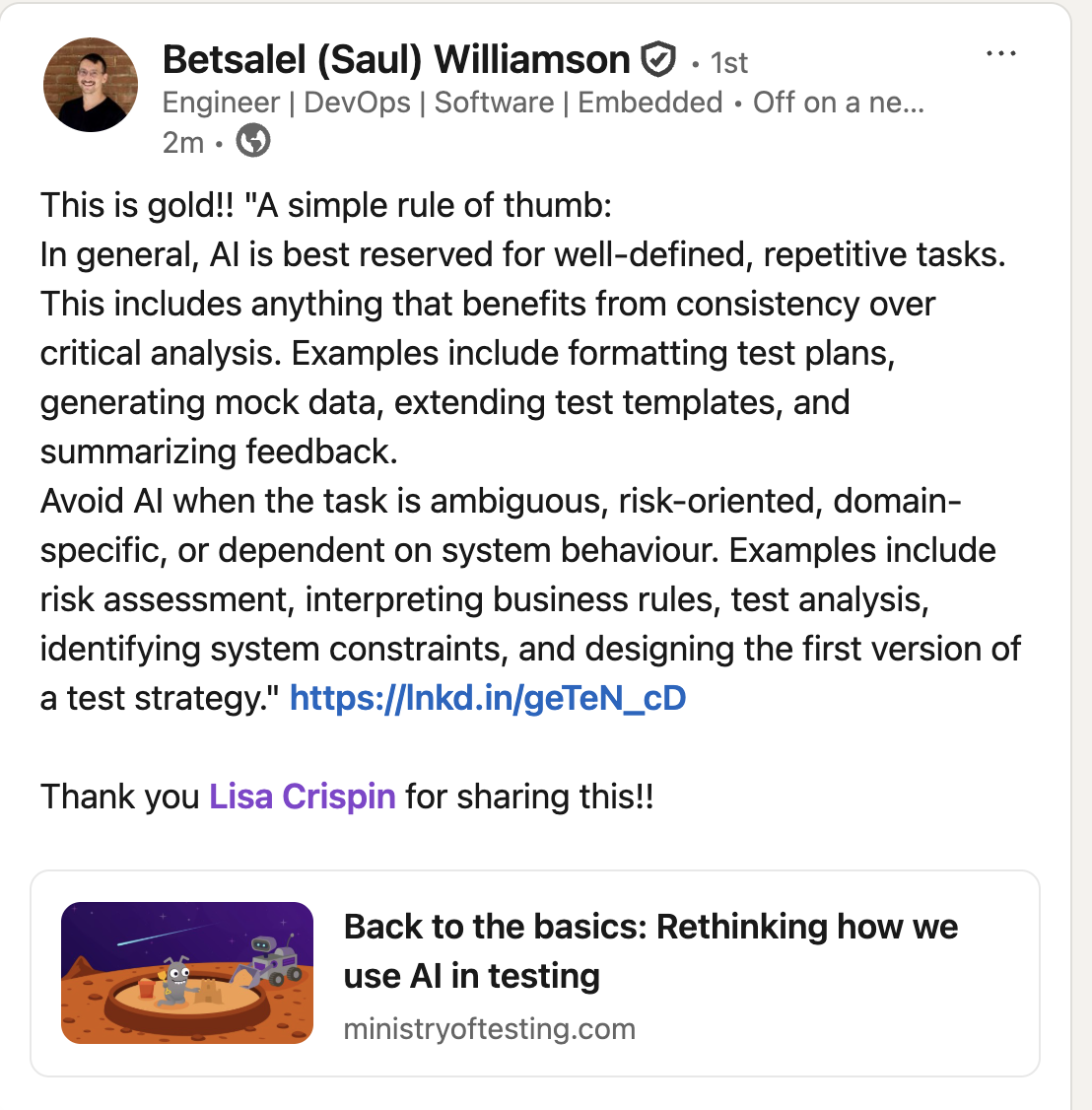 Screenshot of Saul's post on LinkedIn where he quotes from Konstantinos' article and recommends it, with the link. 