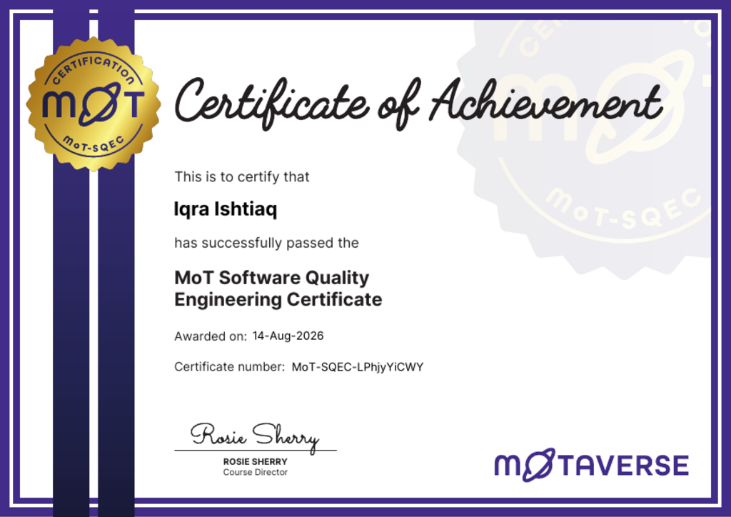 MoT Software Quality Engineering Certificate certificate awarded to Iqra Ishtiaq image