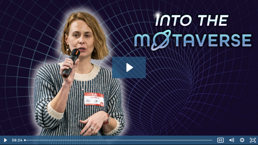 A promotional podcast thumbnail showing a woman holding a microphone and speaking, wearing a striped sweater and a na... image