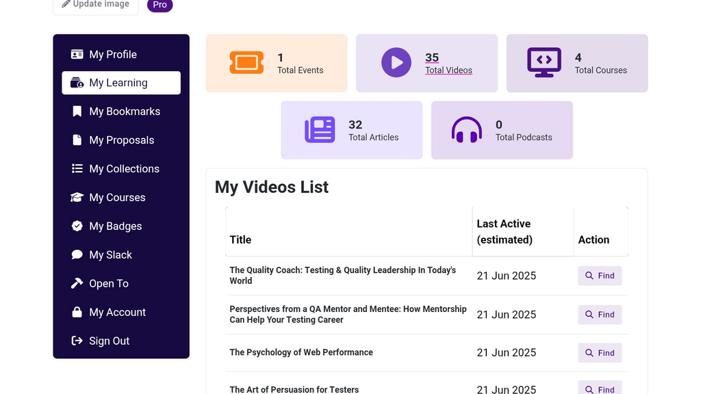 Screenshot of Eamon Droko's watched video list on the Ministry of Testing wesbite.

There is a profile picture of Eamon which shows that he is a black man with medium afro hair; wearing glasses and a white tee shirt.