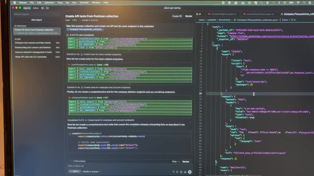 There is Cursor agentic IDE screen that shows agent converting json specs into API tests. 