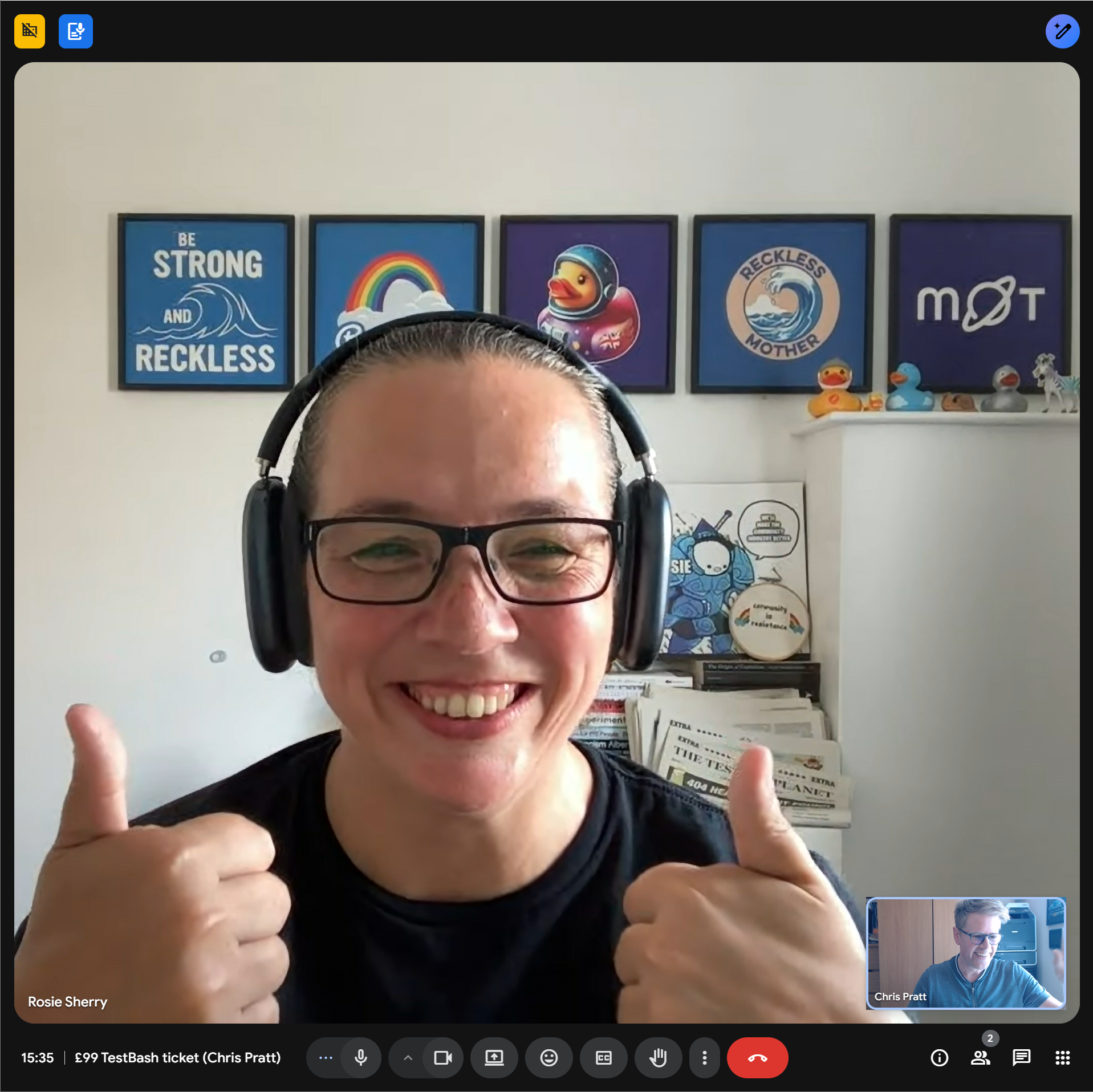Screenshot of a google meet conversation between Chris Pratt and Rosie Sherry. Rosie is putting her thumbs up, Chris is waving.