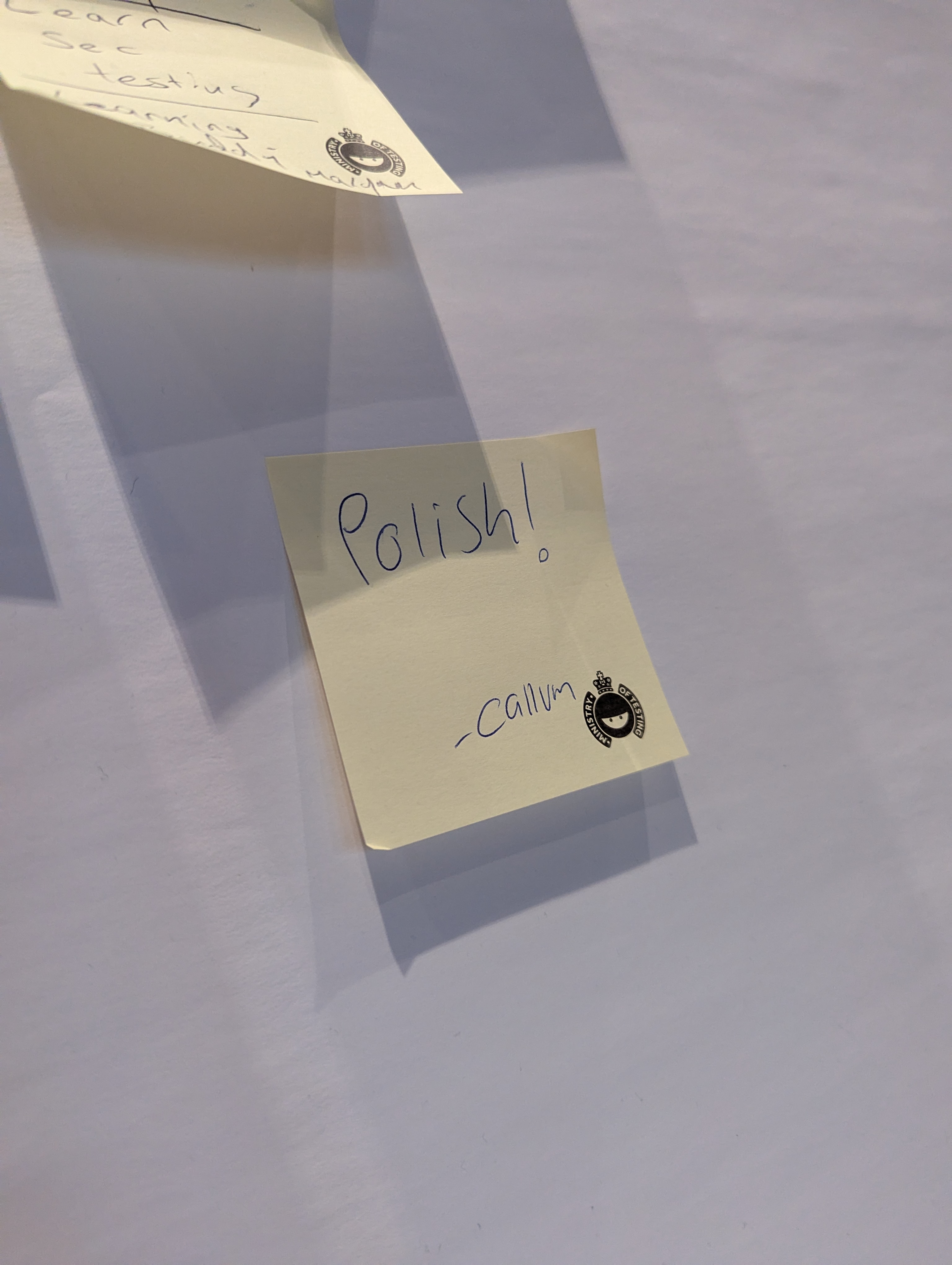 Post it note on the Learning board with the word Polish on it. Signed by Callum