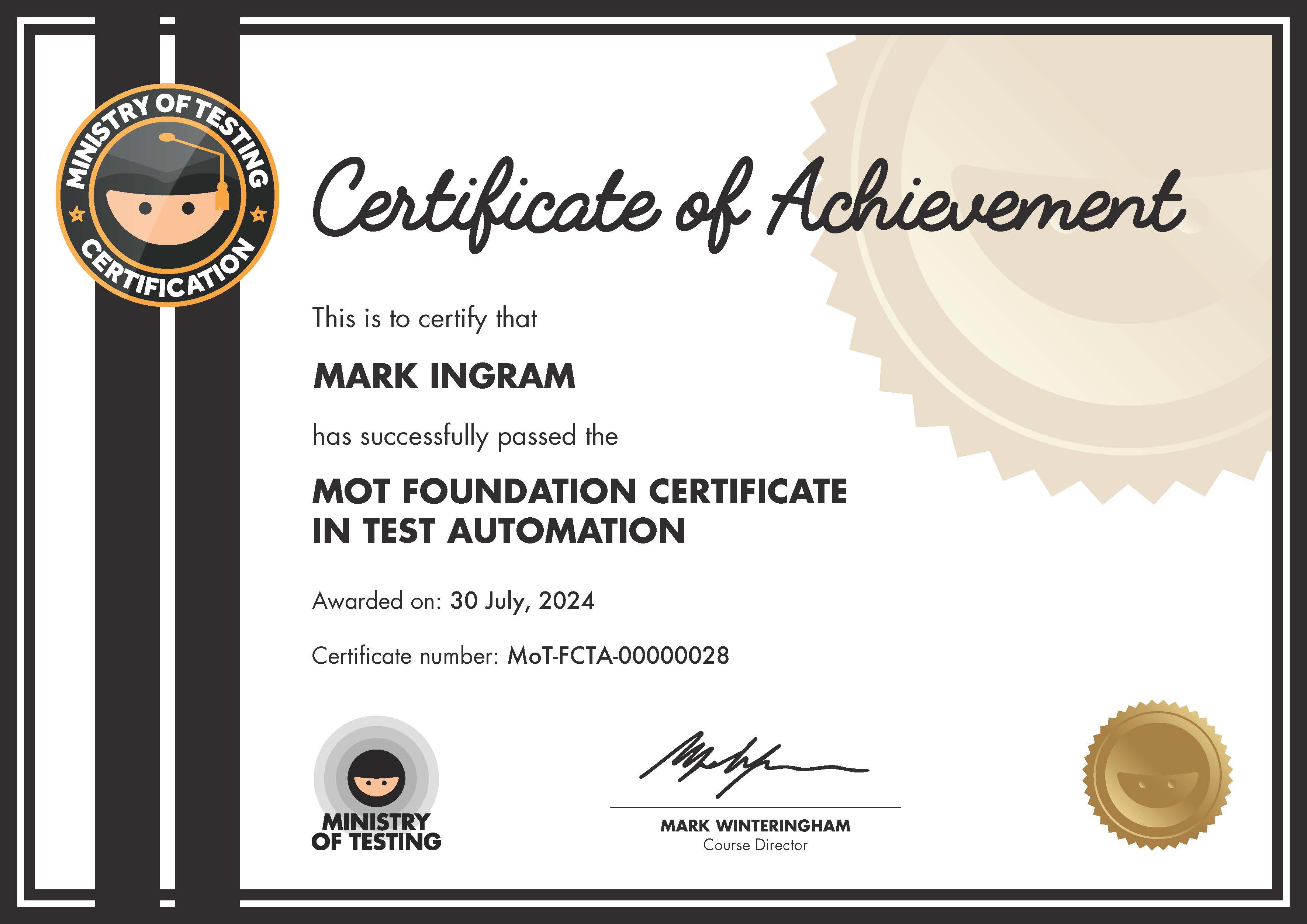 MoT Foundation Certificate in Test Automation certificate awarded to Mark Ingram