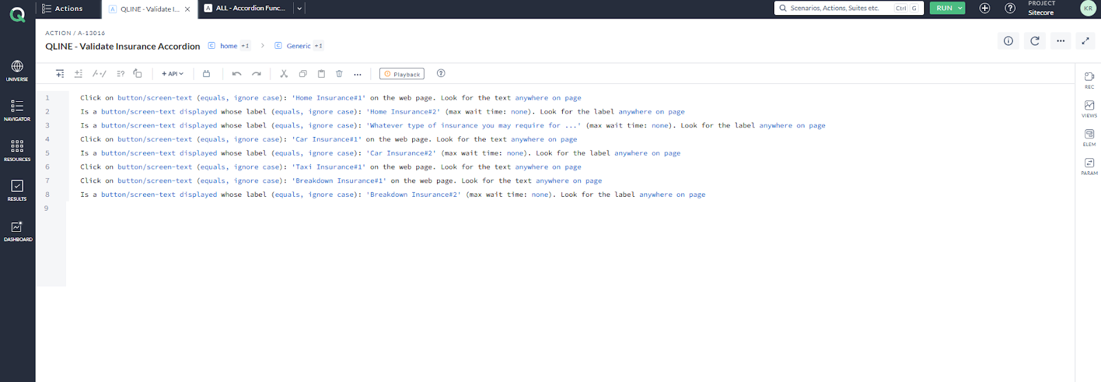 The AccelQ script where each accordion is clicked and content is verified.