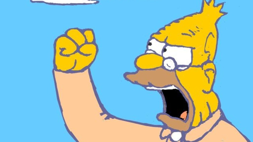 Cartoon drawing of an elderly man angrily shaking his fist at the sky, yelling “MUI!!!!!” The expression and raised fist convey frustration, humorously representing irritation over a software upgrade.