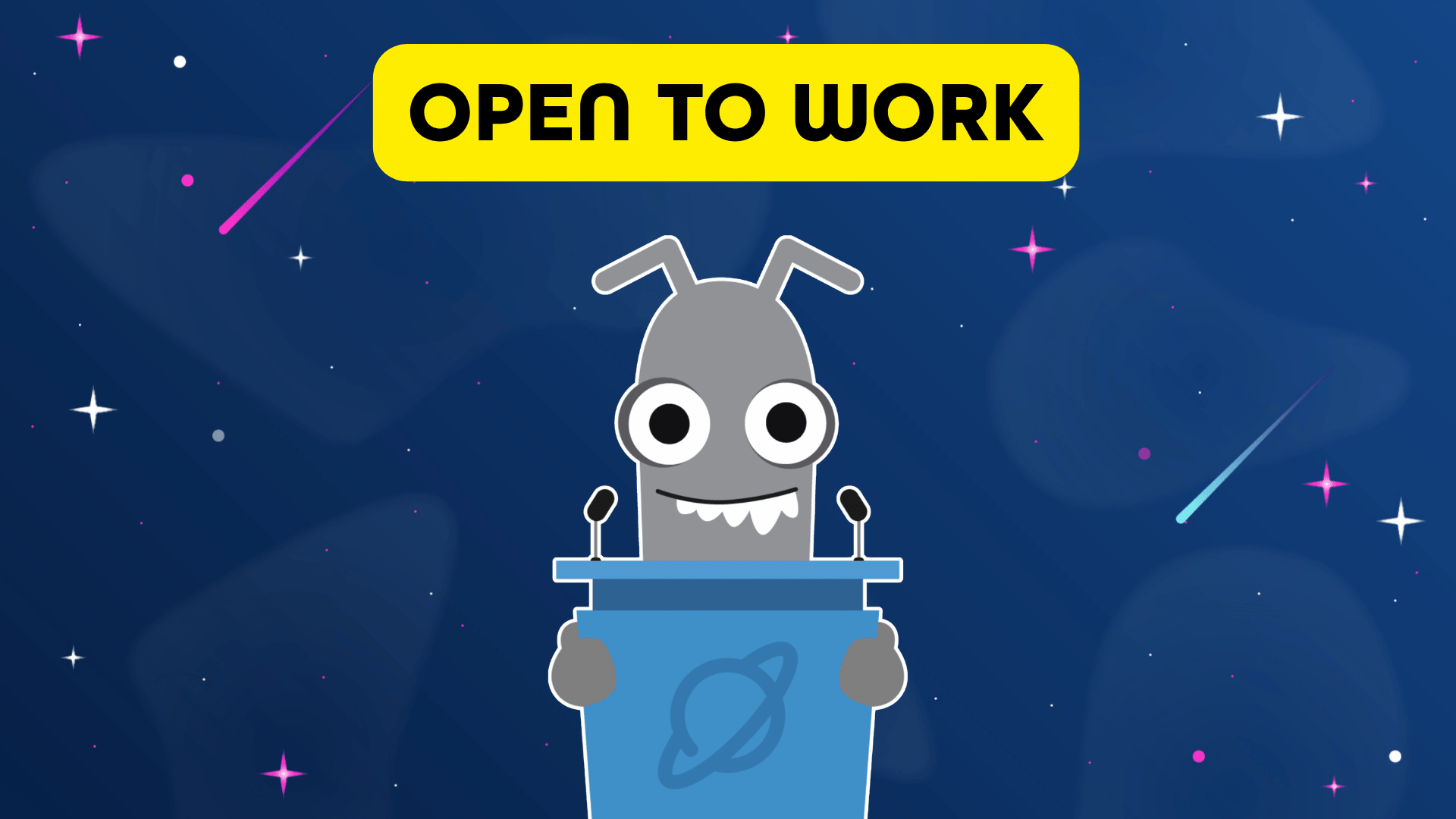 'Open to work' with bug speaking from a podium image