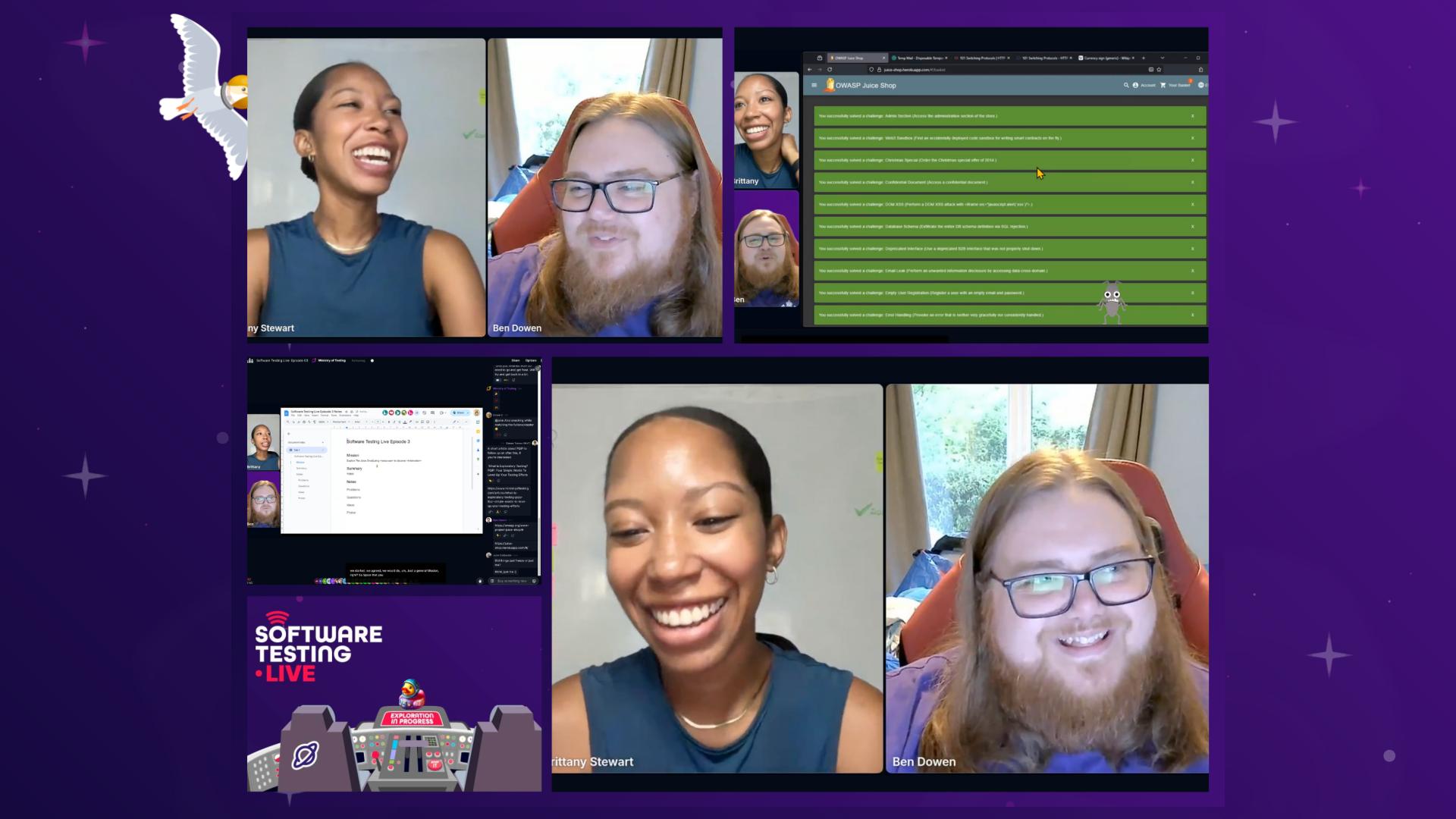 A multi-window view captures a "Software Testing LIVE" online event featuring Brittany Stewart and Ben Bowen. Both individuals are visible in larger video feeds at the bottom, smiling directly at the viewer. Above them, smaller inset windows show the same two participants alongside shared screens displaying a document with green highlighted text. A bug, duck and seagull character have been added to the image.