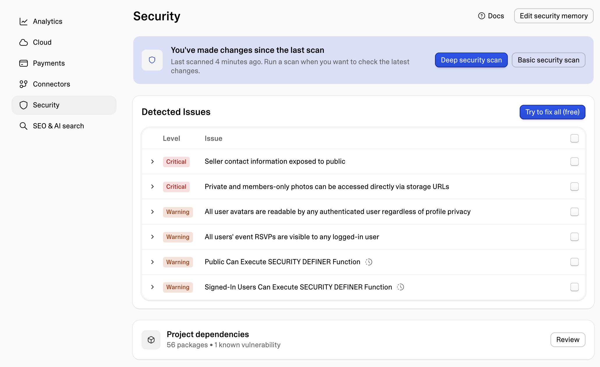 A list of detected security issues, critical and warnings that were highlighted by Lovable. image