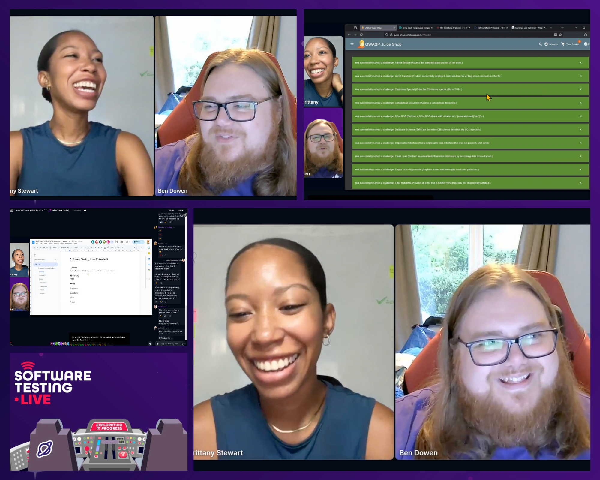 A multi-window view captures a "Software Testing LIVE" online meeting featuring Brittany Stewart and Ben Bowen. Both individuals are visible in larger video feeds at the bottom, smiling directly at the viewer. Above them, smaller inset windows show the same two participants alongside shared screens displaying a document with green highlighted text. 