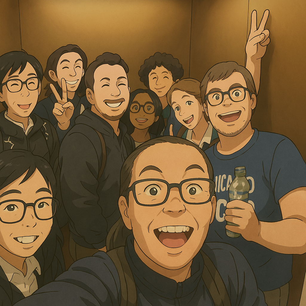 A Studio Ghibli image recreated from a previous selfie style photo of testing people in a lift from Selenium Conference