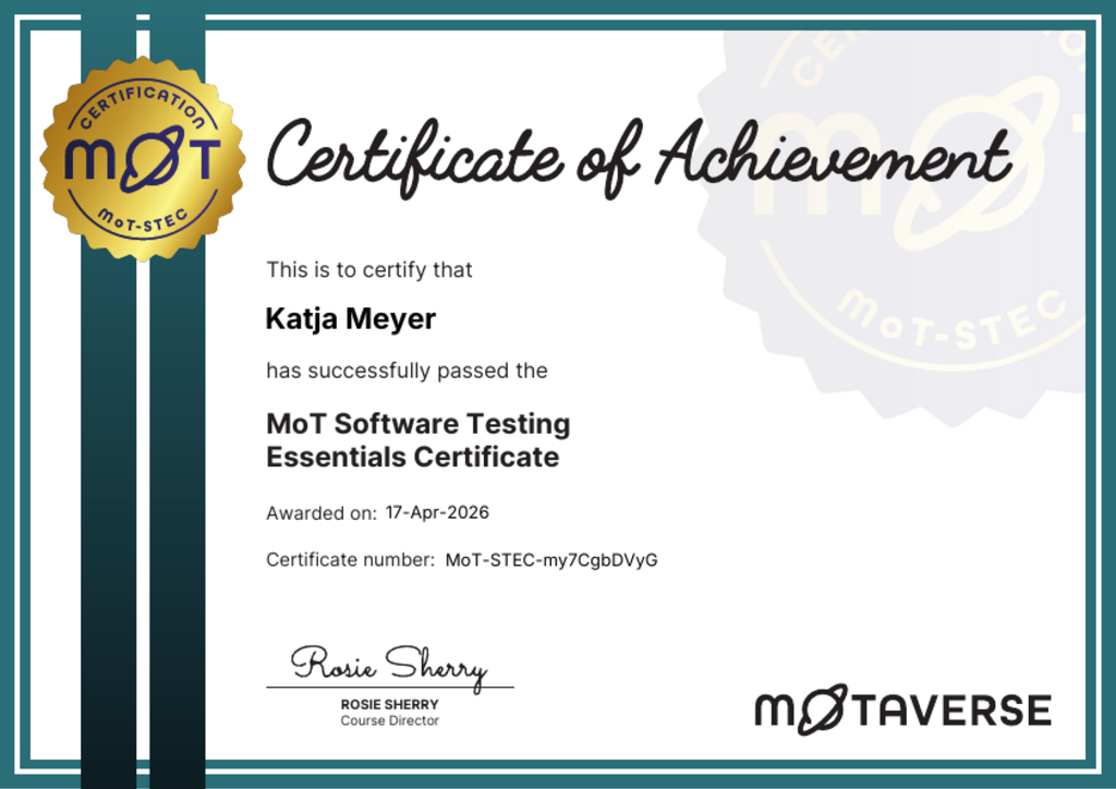 MoT Software Testing Essentials Certificate certificate awarded to Katja Meyer image
