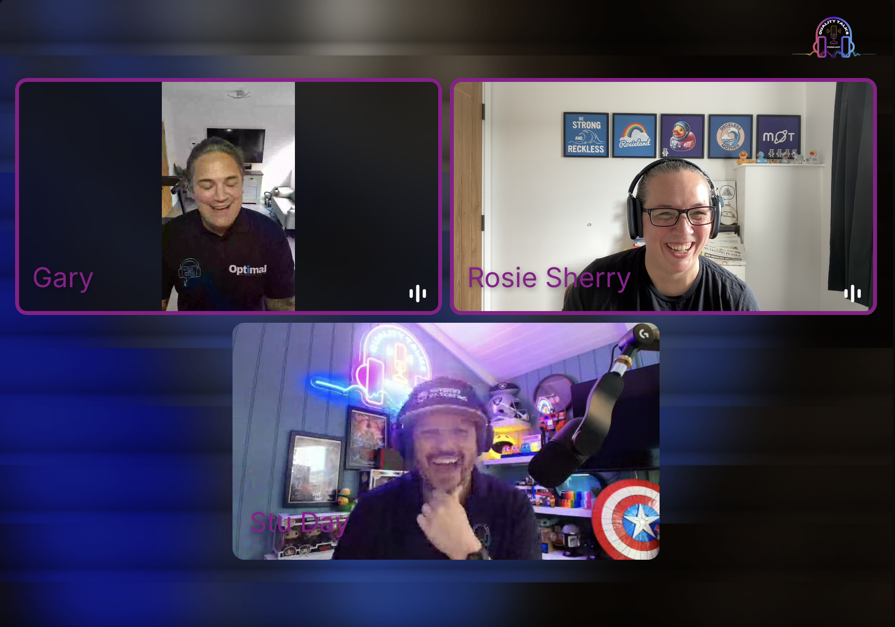 A screenshot of Rosie Sherry, Gary Shannon and Stu Day talking on a podcast.