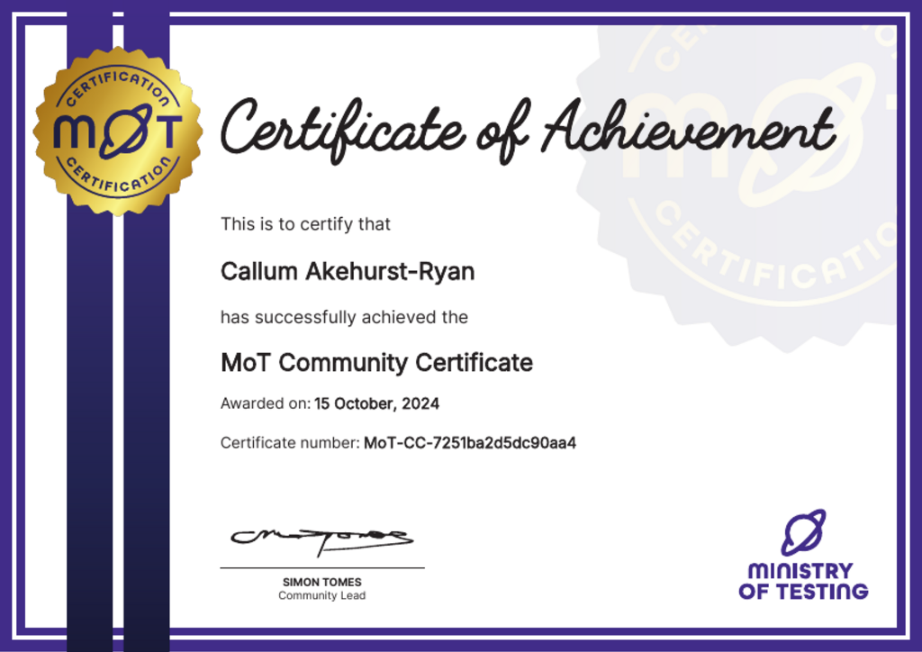 MoT Community Certificate image