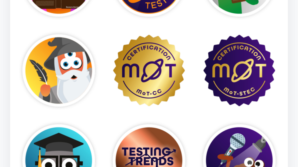 Part of a Ministry of Testing profile showing 513 community stars and 18 badges of achievement. 