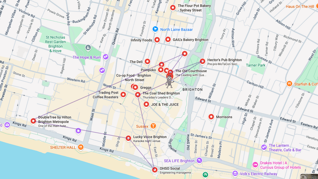 A Google Map centred on Brighton, UK, featuring various pinned locations such as hotels, cafes, and landmarks. Thin p... image