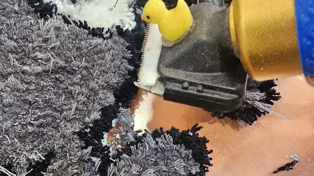 A yellow duck toy on a trimmer.

There is a large animated bug shaped rug where the eye is most visible.