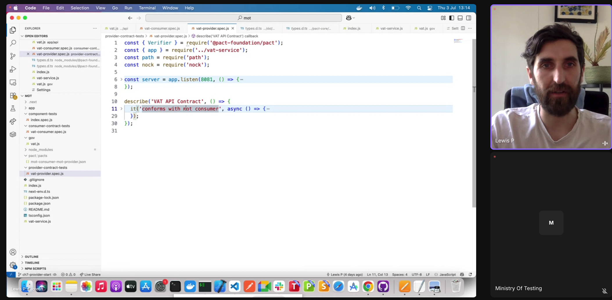 Lewis Prescott recording a lesson on Pact contract testing for his Ministry of Testing course, Modern Integration Testing.